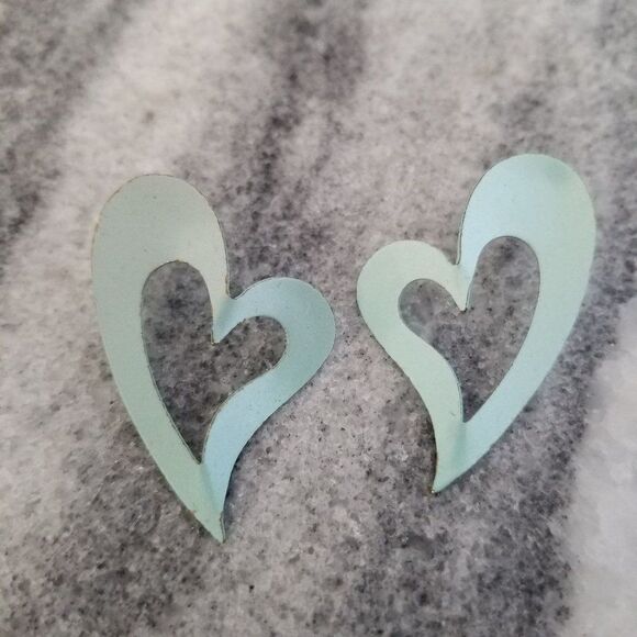 Vintage Baby Blue Enamel Heart Post Earrings, Metallic, Retro 80s Design - Picture 2 of 5